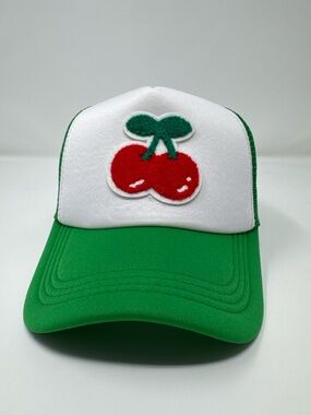 Hand Crafted Cherry Patch Green and White | Trucker Hat | Adjustable SnapBack